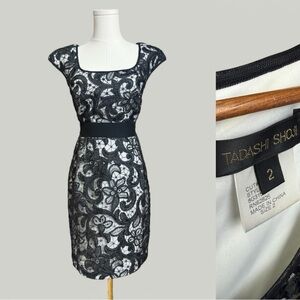 TADASHI SHOJI Dress Women Size 2 Black Lace Mini Short Muscle Sleeves Elegant